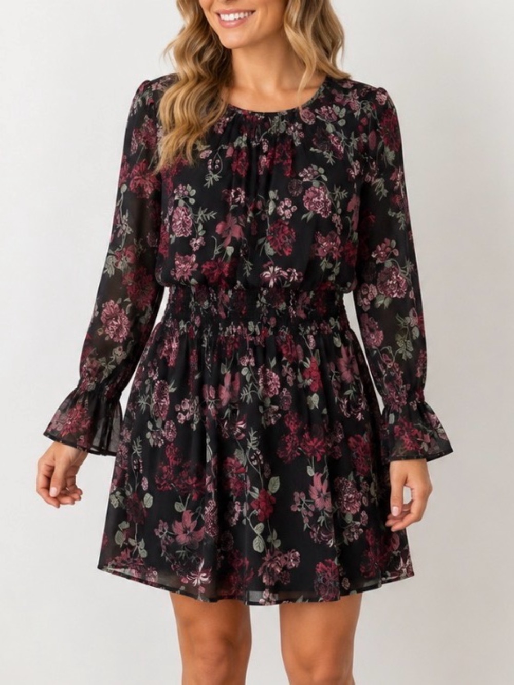 Xhilaration Black Floral Long Sleeve Smocked Waist Dress lightweight SZ XL